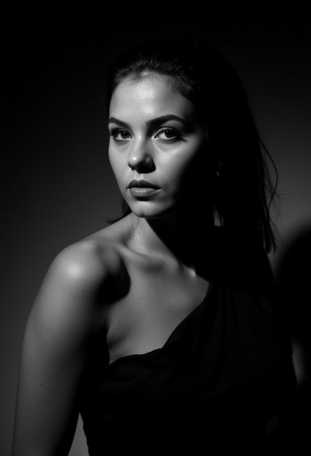 A striking monochrome portrait of a high-fashion model captured in a classic, Vogue-inspired photoshoot. The image focuses on her upper body, showcasing sharp bone structure and flawless skin illuminated by dramatic, high-contrast lighting. Shadows and highlights play artfully across her face, accentuating her high cheekbones, defined jawline, and elegantly arched eyebrows. Her gaze is powerful and direct, exuding confidence and sophistication, with slightly parted lips that add a touch of allure.
Her hair is styled sleekly back, drawing attention to her expressive features and creating a sculpted silhouette against a soft, shadowed background. She wears minimal accessories—perhaps a single, elegant earring catching the light—adding sophistication without distraction. The monochrome palette enhances the texture and contrast, giving her skin a smooth, almost ethereal glow, while the deep shadows add depth and mystery. The overall composition feels timeless and refined, embodying classic beauty and editorial poise with a touch of modern edge.. backinblack, grayscale, monochrome