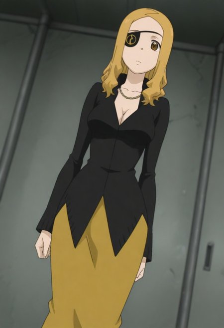 masterpiece, best quality, amazing quality, 1girl, solo,,, shiny skin,,,<lora:Marie_Mjolnir:1>mmjolnir, blonde hair, long hair, brown eyes, right eyepatch,, cleavage, necklace, black dress , gold skirt, long skirt, long sleeves, jewelry,
