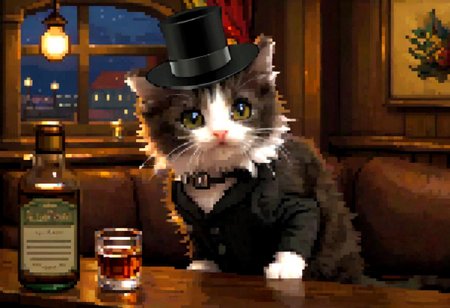 (pixel-art), modeltrue, houdinicat, best quality, 4k, hd, a cat with a black top hat in a bar looking nostalgic smoking a cigar, indoors, instrument, (1cat), silly_cat, standing, window, table , bottle, hat, smile, looking_at_viewer, scenery, guitar, chair,  night, glasses, curtains, lantern, depth_of_field, realistic, couch, shadow, choker, jacket, light, fire, open_clothes, profile, low light, ray tracing, melancholic, dutch_angle