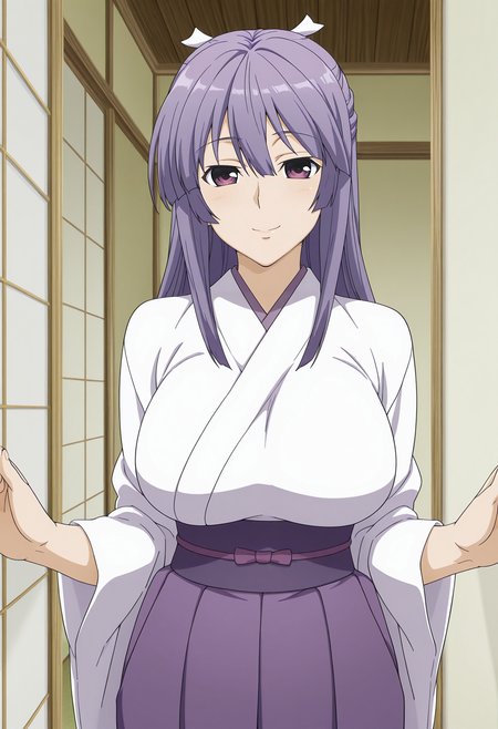 1girl,solo,mm,mature female,long hair,purple hair,purple eyes,half updo,hair ribbon,large breasts,anime coloring,
miko,kimono,purple hakama,white kimono,looking at viewer, smile,indoors
,masterpiece,best quality,amazing quality,<lora:Miya_Asama-Sekirei:0.8>