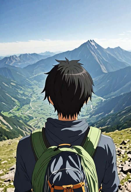 high resolution, solo, best quality, 1Boy, Kanie Seiya, Black Hair, landscape, upper body, look at the view behind, upper body, high mountain, hiking gear, OverallDetail