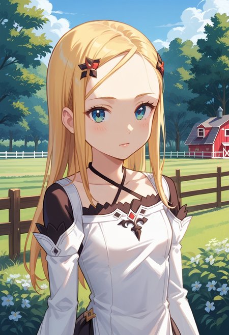 score_8, score_8_up, score_7_up, source_anime, anime screenshot BREAK 1girl, female focus, solo, Murno_SCS, blonde hair, long hair, hair ornament, forehead, halterneck, white dress, detached sleeves, layered sleeves, long sleeves, black skirt, upper body, outdoors, farm,