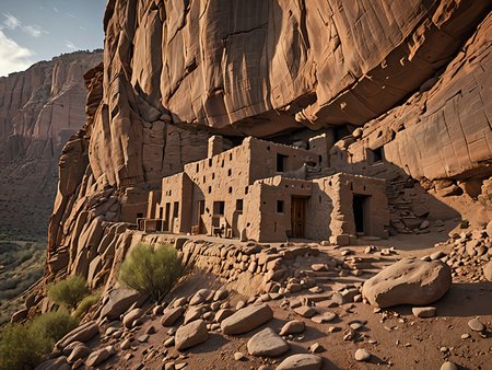 Anasazi rock dwelling on the side of  cliff    <lora:add-detail-xl:3> 8k, masterpiece, dramatic lighting