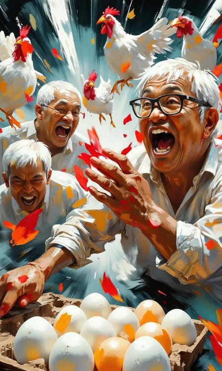 A group of Asian seniors frantically fighting for eggs, with highly expressive exaggerated expressions and scrambling movements, in the supermarket, with hens and feathers flying around<flux.1_lora_flyway_ink-dynamic.safetensors:1.3:1.3>