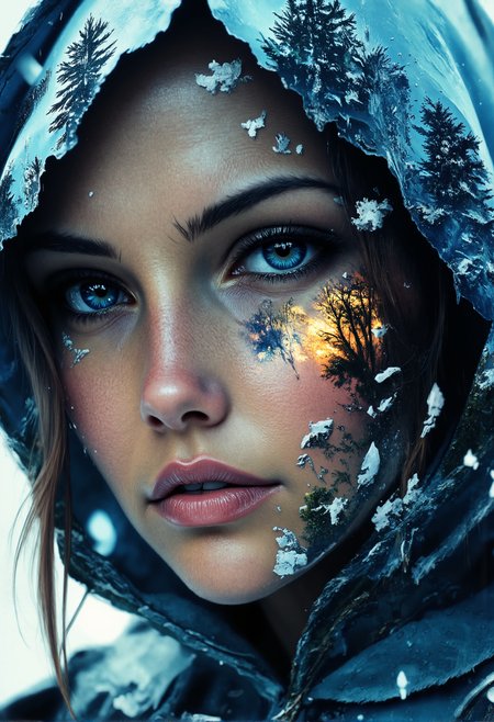 aidmaMJ6.1, darkcore, Jeddblexpsre,double exposure, ethereal. A close-up shot of a breathtaking young womanâs face, where her facial features are softly blended with an ethereal overlay of falling snowflakes. Her piercing blue eyes and delicate skin textures are visible through the translucent silhouette of the forest, creating a dreamy, surreal double exposure effect. The icy crystals on the hood of her light blue medieval cloak merge harmoniously with the natural elements. The soft lighting highlights both the woman and the superimposed scene, while shadows and highlights enhance the depth, giving the composition a balanced, thought-provoking appearance., <lora:FluxDFaeTasticDetails.safetensors:1.0:1.0> <lora:aidmaMJ6.1-FLUX-V0.2.safetensors:1.0:1.0> <lora:Flux DoubleExposure_epoch_1.safetensors:1.0:1.0> <lora:NebulaNexus_v1.safetensors:0.7000000000000001:0.7000000000000001>