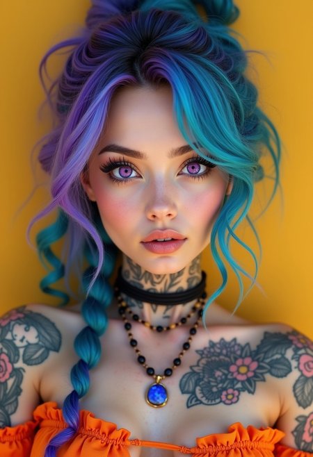 Hyperrealism, extreme close-up Portrait of a beautiful, stunning unique female character. She has large bright purple-and-amber eyes eyes filled with joy and excitement, extravagant eyelashes, with mesmerizing multi-hued hair in shades of blue purple and teal, her asymmetric loose waves are tied back with knots and braids, framing her fair skin, making this image a masterpiece of photography and digital art. She wears a orange off-shoulder top with ruffles and a cut-out detail at the chest, paired with layered necklaces: a beaded choker and pendant necklace. The serene mustard yellow background harmonizes with her vibrant hair and outfit, drawing focus to her captivating gaze.  Style: realistic hyper-detailed rendering, 32k UHD, expressive eyes, punk, graphic design, body tattoos, pretty and cute, gleaming lips,  telling a tale of adventure. Exuding confidence and serenity. Vibrant tattoos adorn her sun-kissed skin.
