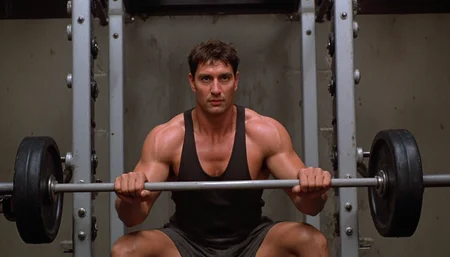 cinematic shot of a very muscular man sitting, lifting barbells, inside a gym, wearing a sweaty tank top and shorts. Warm natural light. High resolution. 1980s movie <lora:dark_cinematic-000080:1>