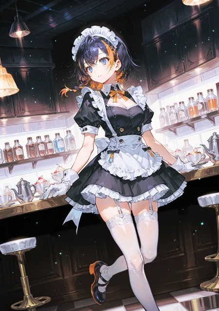 zPDXL3 Real score_9, score_8_up, score_7_up, score_6_up source_anime, highly detailed, sharp, intricate details, rating_safe rating_sensitive, rating_explicit, masterpiece, best quality, good quality, bright eyes light particles lens flare amazing quality, very aesthetic, very awa, absurdres, newest,
<lora:yoneyamaiXLNBVP1lokrV6311PZ:0.5>, <lora:TID_style:0.5>
<lora:nhl-001:0.4> nhl-001 film grain multicolored background  <lora:ponyv4_noob1_2_adamW:0.4>
medium breasts, dynamic pose, dynamic angle,
optical illusion, ssambatea, quasarcake, Fishine, arutera, soresaki, reoen, sanbonzakura, askzy, negative space, see-through, made of, neon light, detailed background,
medium hair side braid
niji-petra,medium breastas,blue eyes,black hair,orange hair,multicolored hair,streaked hair,ornament,
waitress, ribbon, (maid apron), cleavage, gloves, garter belt, indoors, cafe, tights footwear
 <lora:niji-petra:0.7>