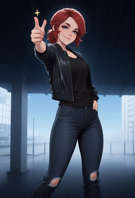 masterpiece, best quality, amazing quality,j3ss3, <lora:jesseFaden_illustrious_byJaneB:1>, 1girl, solo,
jeans, black shirt, jacket,   <lora:necrodancerStyle_illustrious_byJaneB:1> necrodancerStyle, smile, finger gun,