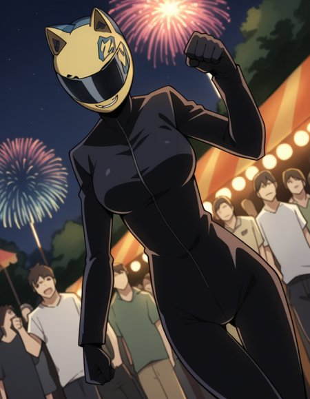 score_9, score_8_up, score_7_up, source_anime, <lora:celty-sturluson-s1-ponyxl-lora-nochekaiser:1>, celty sturluson, animal ears, cat ears, helmet, motorcycle helmet, large breasts,, bodysuit, skin tight, black bodysuit, cleavage, festival, fireworks, summer night, food stall, traditional, arms up,, smile, , hand making a fist, solo,, cowboy shot, dutch angle