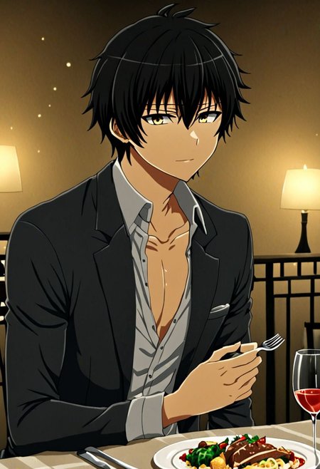 high resolution, solo, best quality, 1Boy, Seiya Kanie, black hair, short hair, thin, dating, romantic, dinner, OverallDetail