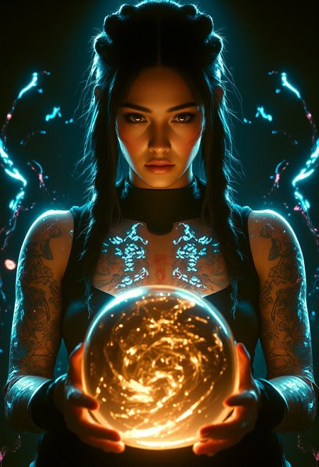 A young, athletic, 6 foot, half-japanes woman. She has medium-length dark hair that flows freely as she moves, and her expression is focused and determined. Three braids woven from her hair and cyan and golden electricity  cast glowing light.
She wears a black sleeveless loose top that shows cleavage, her large chesty and muscular arms. Her skin us covered with holographic tattoos of synthetic patterns and chip designs.
The tattoo glow with cyan and golden light from within. Highlighting the futuristic scene.
She holds a crystal ball in front of her and gazes into it. The crystal ball glows woth golden and cyan energies swirling in it forms complex code script patterns.
Close up, 50mm lens, Canon, rim lights, strip lights, soft shadows, golden ligh from right, neon cyan light from left
breathtaking, exquisitely detailed RAW HDR color photograph, capturing a masterpiece of realism with fine grain and crisp clarity. The image presents a stunning and captivating scene with brilliant lighting and a magnificent composition that adheres to the rule of thirds
film-style composition evokes the elegance of a world-famous painting. The final result is a lustrous, high-resolution image with rich detail and delicate, exquisite grain, making it ideal for wallpaper art or product shots. The centered composition emphasizes the subject, creating a strong, magnificent visual that serves as the perfect backdrop.