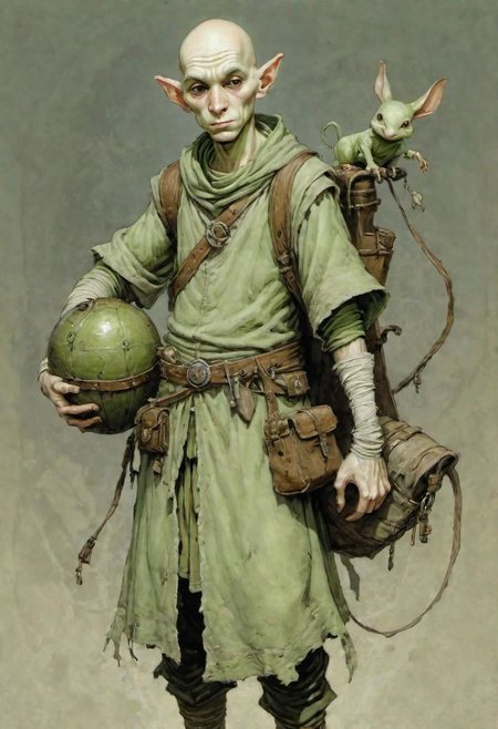 videogame art,  A Young Adult bald thin wizard, spellcaster, wearing a light green ragged tunic, oldschool vintage magician, dungeons and dragons inspired, shoulder bag portmanteau, by Jean-Baptiste Monge