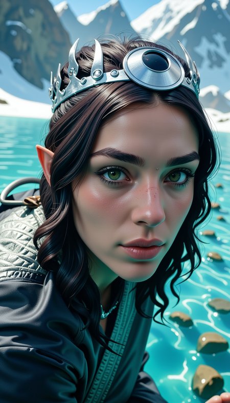 A realistic photo of a Sh4d0wh34rt woman wearing a silver crown under the hair and with a (scar:1.3) on the nose. as a fantasy class: Underwater explorer Snowboarding in a plaza.
Extremely detailed hyper-realistic award-winning photo shot using a Canon EOS M50 Mark II Mirrorless Camera using Æ/1.4.