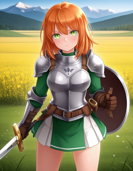 (n1n4m0),    <lora:1_illu_ninamo_24e:1>, 1girl, armor, sword and shield, skirt, freckles, orange hair, medium hair, green eyes, field, mountains, (masterpiece, best quality, amazing quality),
