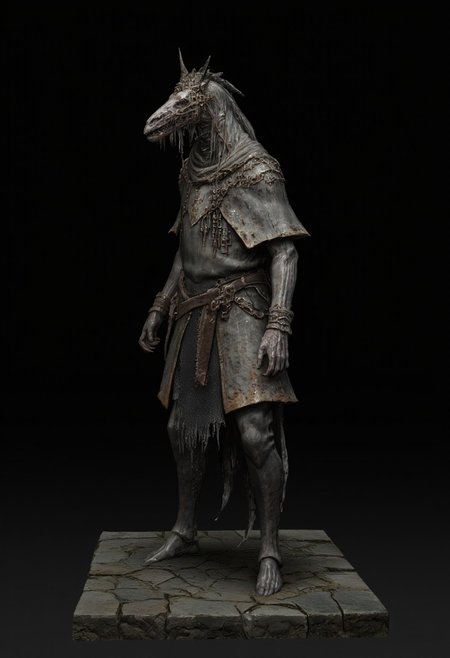 malformed hobo Miner lizardman in a roman soldier armor mixed with legionnaire attire, horse shaped skull, elongated snout
Standing on a flat ground
Set against a solid dark black color background to emphasize its unsettling unnatural form that emphasizes its silhouette. The medium is not a traditional painting or illustrative medium like watercolor or ink but rather a digital 3D rendering.
MikeFranchinastyle, bbstyle,, horror theme,, ZBClay model of a gray sculpture, zbrush, d4arks0uls, overcast lighting