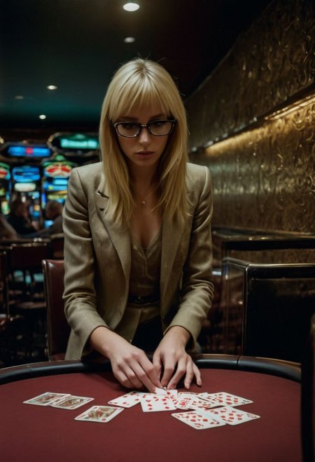 Award-winning ultra-detailed photograph of an underground casino, where a young blonde with blunt bangs is a playing cards. This time she loses big, goes on a downward spiral, clearly drunk and sad, she seeks and finds revenge. Glasses. Moody colors.