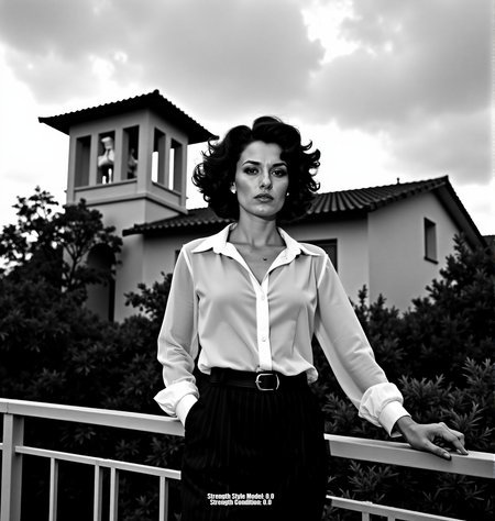 A high-contrast black and white photograph, inspired by Helmut Newton and Peter Lindbergh. A glamorous woman with short, curly hair, wearing a partially unbuttoned sheer button-down shirt tucked into high-waisted trousers. She leans against a railing, cigarette in hand, against a backdrop of cloudy skies, architectural details, and foliage. Shot from a slightly low angle with strong chiaroscuro lighting, creating deep shadows and a dramatic mood. Sharp focus on the foreground with a shallow depth of field. Evoke a timeless, sophisticated aesthetic, reminiscent of classic Hollywood glamour meets raw, unfiltered emotion. Limited grayscale palette, emphasizing texture and form, with a touch of Anton Corbijn's starkness and mood.<lora:_Flux\_Photographer\Helmut_Newton-000001.safetensors:0.8000000000000002:0.8000000000000002>