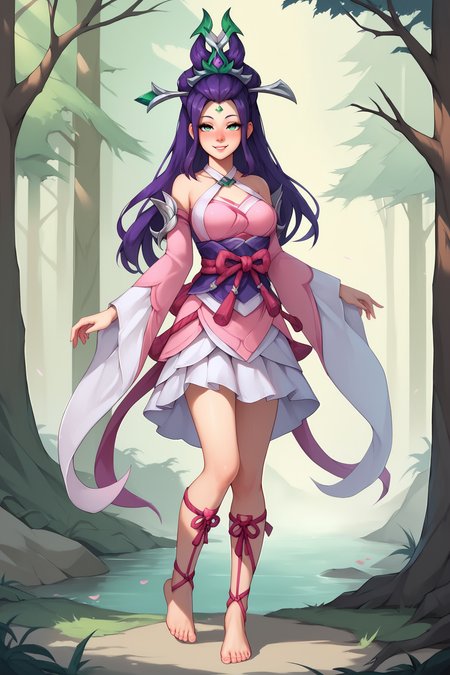 score_9, score_8_up, score_7_up, score_6_up, BREAK, JannaSSPXL, green eyes, purple hair, long hair, hair ornament, green forehead jewel, medium breasts, bare shoulders, pink dress, detached sleeves, long sleeves, purple sash, pink ribbon, white skirt, leg ribbon, barefoot, solo, full body, standing, seductive smile, looking at viewer, naughty face, nose blush, forest, tree   <lora:JannaSSPXL:0.8>
