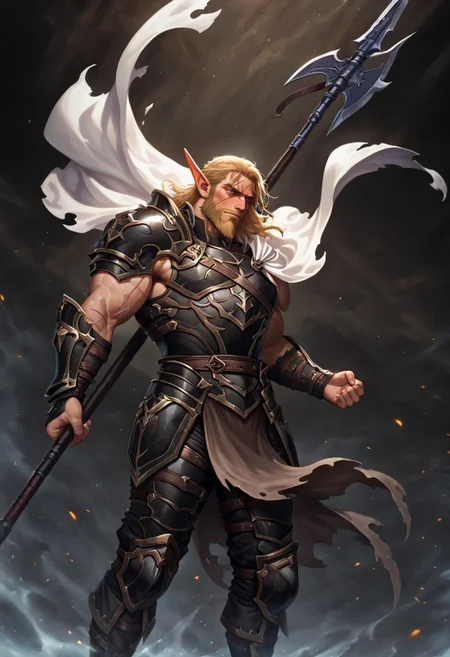 masterpiece, best quality, newest, absurdres, highres, 
D3-ART-V1.0, 
1boy, manly, elf, beard, muscular male, blonde, blonde hair, pointy ears, scar, scar on face, armor, cape, chestplate, chest armor, black armor, black leather, white cape,
dynamic pose, polearm, holding polearm, holding weapon, weapon, halberd, holding halberd