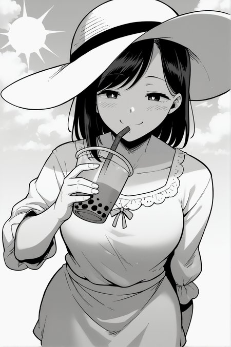 score_9, score_8_up, score_7_up, monochrome, manga_source, best background, detailed background, manga, greyscale   Yumiko, long, dress, shorts sleeves, sun hat, smug, dynamic angle, dynamic camera, drinking, bubble tea,  <lora:JN_Yumiko:0.8>