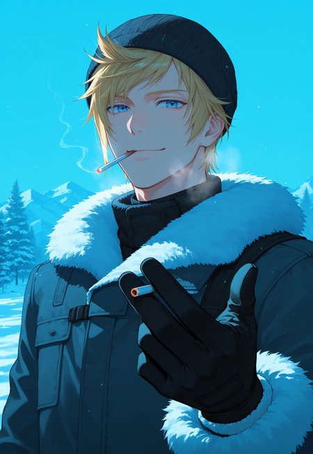 promptoFF, 1boy, solo, male focus, blonde hair, blue eyes, hat, jacket, fur trim, gloves, upper body, outdoors, snow, breath, smiling, closed mouth, pursed lips, cigarette, smoking, beckoning viewer, blue theme