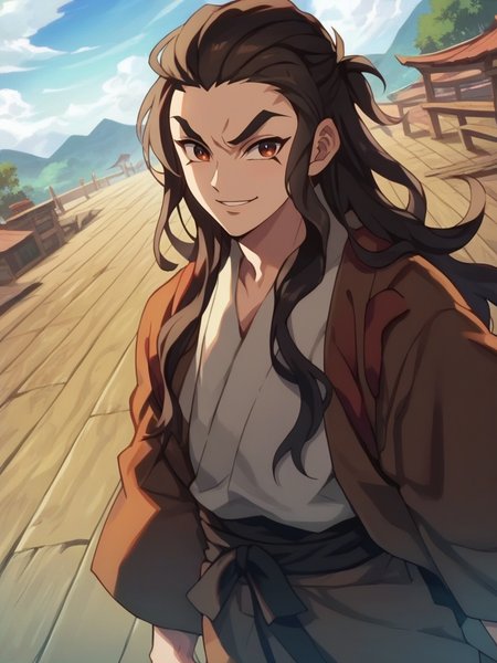 score_9, score_8_up, score_7_up,score_6_up, 1boy, dynamic pose, cowboy shot, looking at viewer, sexually suggestive, evil smile, dutch angle, valley, vegetation, sky,
 <lora:AHotaruHaganezuka_character:1>, HotaruXL, long hair, brown hair, japanese clothes, long sleeves, kimono, haori, anime screencap, anime coloring,