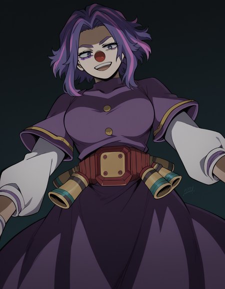 score_9, score_8_up, score_7_up, source_anime, <lora:kaina-tsutsumi-s5-ponyxl-lora-nochekaiser:1>, kaina tsutsumi, purple hair, pink hair, streaked hair, purple eyes, short hair, parted bangs, large breasts,, <lora:clown-ponyxl-lora-nochekaiser:1>, clown, makeup, clown nose, facepaint, gloves, long sleeves, frills, dress,, smile, open mouth, smug, , dutch angle, cowboy shot