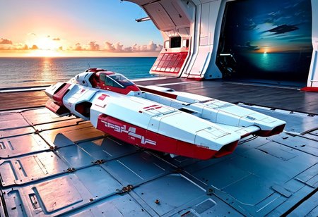 photograph, smooth, sleek, white and red (WipEout anti-gravity craft), (split-front:1.3), parked in a hangar, door open, tropical island, ocean, beach, blue sky, sunset, sharp, high detailed, realistic, scifi, futuristic, science fiction, sharp focus, masterpiece, best quality