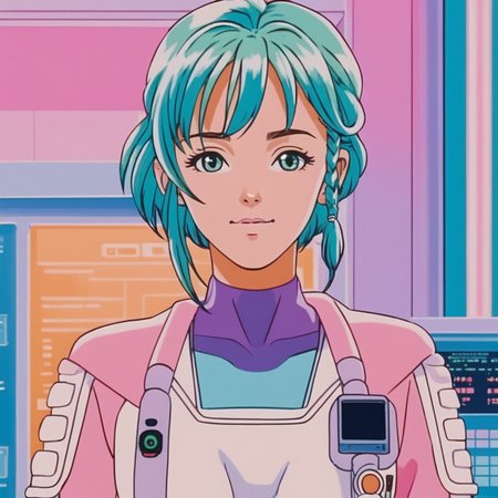 realistic, k4r1n woman standing, kawaii, cute, extreme close-up, happy, front view, background of gradient fluorescent computer room, pastel tones (by wes anderson:1) <lora:k4r1n-000005:0.6>