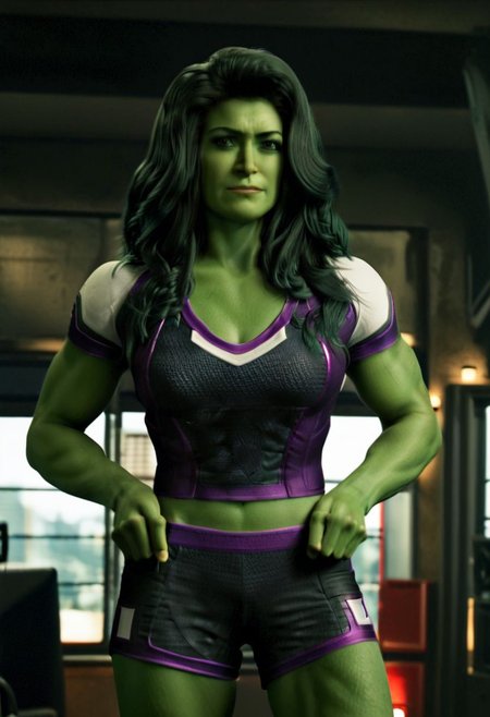 She-hulk MCU, skin-is-green, dark-green-hair, purple sports bra shorts athleticwear attire, midriff abs, biceps, coherent face, highly detailed, fine details, best quality