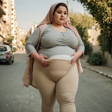 cinematic photo of huge obese girl, heavily pregnant, walking proudly, relaxed expression, 18 years old, hijab, cute fat face, natural playful body pose, powerful young woman, wearing beige leggings over a diaper, bulky diaper stretching the fabric of her leggings, huge massive thighs, huge round pregnancy bump sticking out, plus size bbw Tehran urban setting Candid photo Film grain Intricate play of lights and shadows