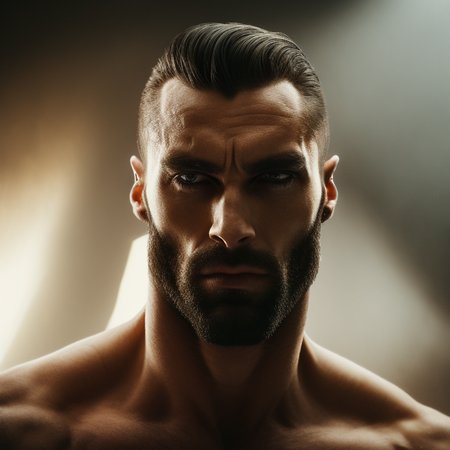 GigaChad, square jaw, hasselblad, kipaki, bokeh, hyperrealistic, dramatic lighting, art by photohelper