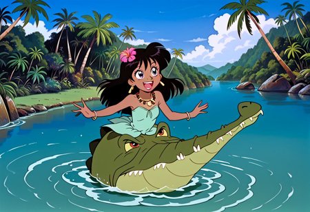 Tick tock crocodile,male animal focus,tail, crocodile open large mouth ,green skin, blue eyes, Tick Tock the crocodile is he giant and very huge size,teeth, swimming in water,partially submerged,Tick Tock the crocodile looking at a young Choi mochimazzi who she is sitting on Tick Tock the crocodile belly floating on the water on his back. Choi mochimazzi tamako market anime,long hair, black hair, dark-skinned female,smal size, purple eyes, chest_band,cyan dress jewelry, dark skin, smile, necklace,hair flower, bracelet, anklet, barefoot,open mouth,river,palm trees, jungle tropical,indigenous houses, Disney, anime, manga