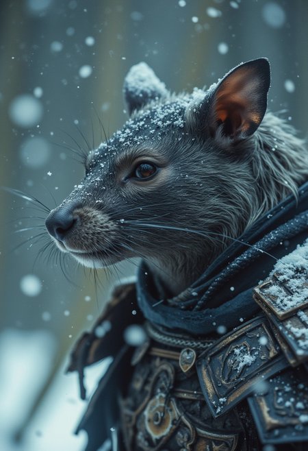 amazing quality, masterpiece, best quality, hyper detailed, ultra detailed, UHD, perfect anatomy, portrait, dof, hyper-realism, majestic, awesome, inspiring, closeup, a Samurai Rat in snow storm, atmospheric haze, cinamatic composition, soft shadows, national geographic style