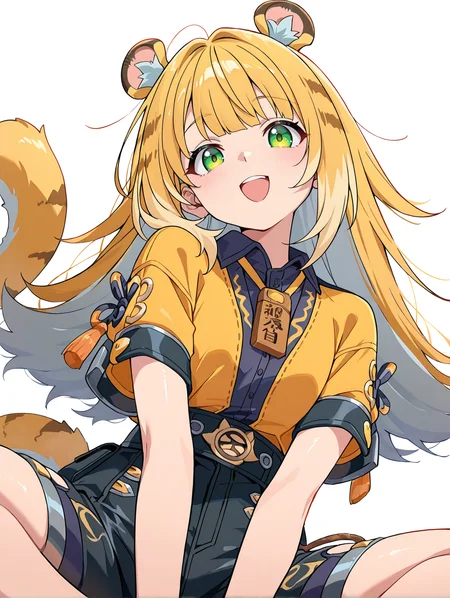 ju_fufu,1girl, animal ear fluff, animal ears, black shorts, blonde hair,grey  inner hair, green eyes, long hair, looking at viewer, multicolored hair, open mouth, shorts, simple background, smile, solo, tail, tiger ears, tiger girl, tiger tail,cowboy shot, dynamic pose, from_below,sitting, indian style
 <lora:ju_fufu-wildcard-ill2.0-t0:1>, (masterpiece), (best quality), (ultra-detailed), very aesthetic, illustration, disheveled hair, perfect composition, moist skin, intricate details, anime artwork, anime style, vibrant, studio anime, highly detailed