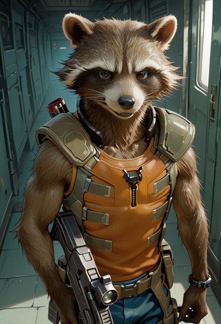 masterpiece, best quality, amazing quality, very aesthetic, absurdres, newest,  high quality, detailed, male, solo male, Rocket Raccoon, 1boy, mature male, male, athletic build, anthro, raccoon, black and brown fur, animal ears, brown eyes, standing, looking at viewer, orange tank top, combat gear, bracelets, shoulder pads, broad shoulders, indoors, holding gun, digital art