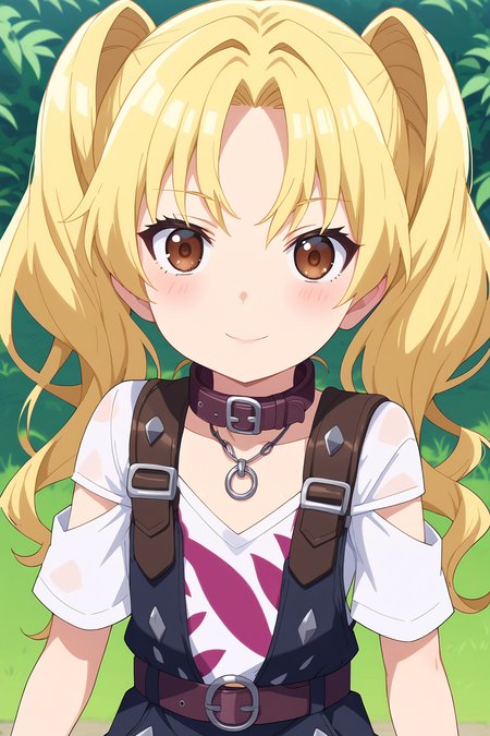 score_9, score_8_up, score_7_up, source anime, prefect lighting, very aesthetic, BREAK, anime screencap, anime coloring,
<lora:katagiri_yuzuki_v2-pony6:0.9>, 1girl, katagiri yuzuki, black bullet, long hair, blonde hair, twintails, brown eyes, flat chest, yuzukiout, white shirt, short sleeves, necklace, belt collar,
BREAK, looking at viewer, light smile, blush, cowboy shot,
BREAK,