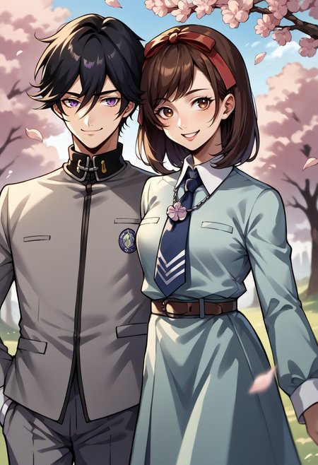 score_9, score_8_up, score_7_up, source_anime, cherry blossoms,  BREAK 1boy, <lora:Naoya-pdxl_Fp:1>, naoyap1, school uniform, grey pants, emblem, smile, hair between eyes, black hair, bangs, BREAK 1girl <lora:zs_MakiXL:1>, makip1, brown hair, medium hair, brown eyes, hair ribbon, dress, white collar, blue tie, belt, necklace, smile,
