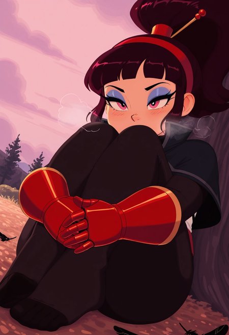 dreamcassette, outdoors, undershirt, falling feathers, black bodysuit, hair stick, hugging own legs, , gauntlets,   eyeshadow,   red gloves,  high ponytail,  , black capelet, red hairband, pink eyes, 1girl, solo, feet, visible breath,   dynamic angle, foreshortening, smell, steam,