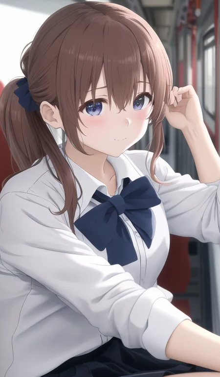 masterpiece, best quality, ultra highres,1girl, solo, koe no katachi, shirt, collared shirt, long ponytail hair, train interior, white shirt, bow, brown hair, short sleeves, letterboxed, bangs, closed mouth, facing viewer, blurry, school uniform, blue bow, dress shirt, upper body, depth of field, hair between eyes, blurry background, bowtie, ground vehicle, indoors,  <lora:aSilentVoiceKoeNoKatachi_v10:0.7>