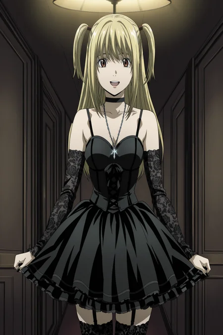 anime screencap, anime coloring, detailed face, masterpiece, best quality, very aesthetic, absurdres, volumetric lighting, official style, amazing quality, ultra detailed,  highres, amazing quality, scenery, beautiful detailed hair, beautiful detailed eyes,
 <lora:Misa_AmaneMisa_Misa_Death_Note:1>
Misa black gothic dress (outfit), Misa Amane (character), 1girl, solo, goth fashion, blonde hair, brown eyes, gothic lol, two side up, choker, lol fashion, dress, detached sleeves, jewelry, thighhighs, necklace, long hair, 
cowboy shot, cute smile, open mouth,