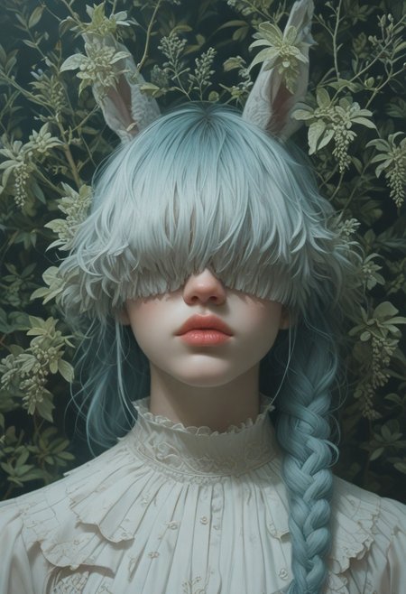 (Score_9:1.1), score_8_up, score_7_up,
(limited lighting, high contrast, highres, closed_mouth:1.4, absurdres),(leaning head foreward:0.3)
Fl0ralD0lls 
solo, bunny ears, human woman, curious, (ferns:1.3), realistic, focus on face, hime cut, pacific blue hair, (hair over eyes:1.5),((hair in very long single braid)), big lips, full lips, glossy lips, matte skin, matte colours