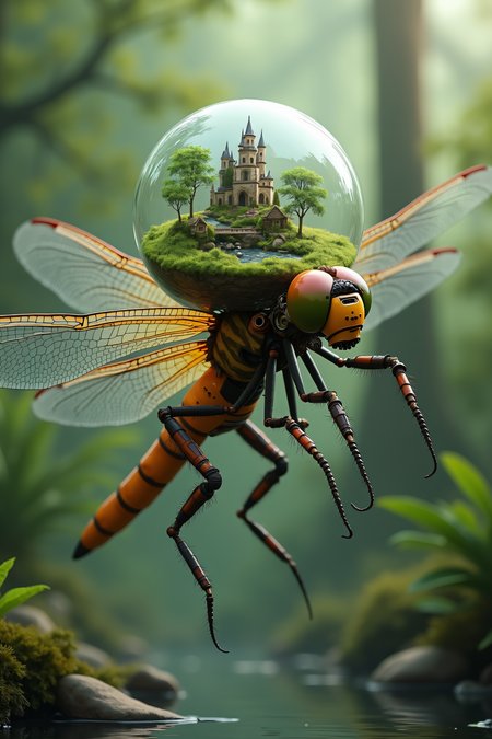 national geographic photography of a dragonfly flying in the swamps, he transport a glass terrarium with a miniture city in his head, realistic, mechanical vegetal cyborg, futuristic robot organisms, steampunk robot insects, steampunk animal