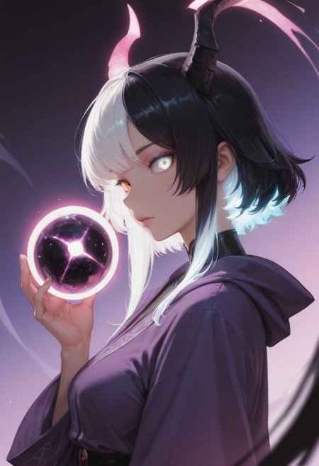 SmoothNoob_Quality, 1girl, solo, demon girl, solo, purple robe, black hair, white hair, multicolored hair,  glowing hair, looking at the viewer, heterochromia eyes, white eye, neon color palette, holding orb, floating orb, eerie, dynamic lighting, shadows, dynamic angle, from side, portrait, abstract background,  <lora:SmoothStyle_Lambda:1>