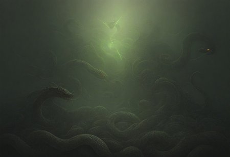 dark fantasy art, gothic art, detailed background, intricate, Exquisite details and textures, highly detailed, ultra detailed photograph, 4k, sharp focus, high resolution, a wolf with snakes skin, summons a creature, fire and water vortex, dramatic, green eyes, glowing eyes, gothic cloak, backlit fog surrounds character
BREAK 
snakes surround the character on the ground, character is in an ancient tomb, 12 snake soldiers surround main character
snake, snake on shoulders, sn4k3
