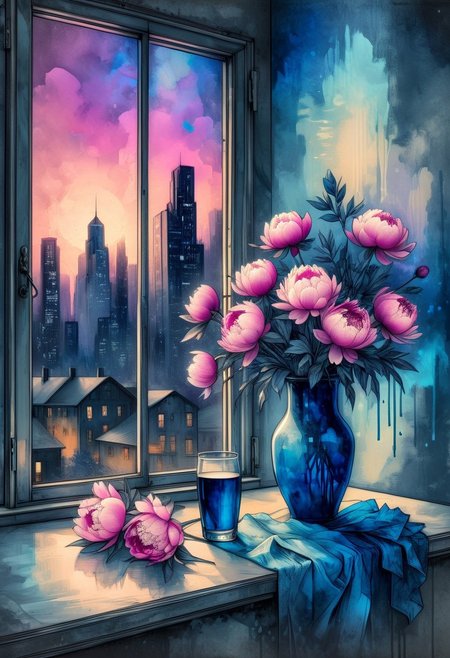 an alcohol ink sketch on a wet relief canvas, dusty blue with gradients to dark blue art noir with grunge elements, ash-pink accent highlights, a bouquet of peonies in a tall elongated vase on the window sill of an open window against the background of an old night city. inkbaroque