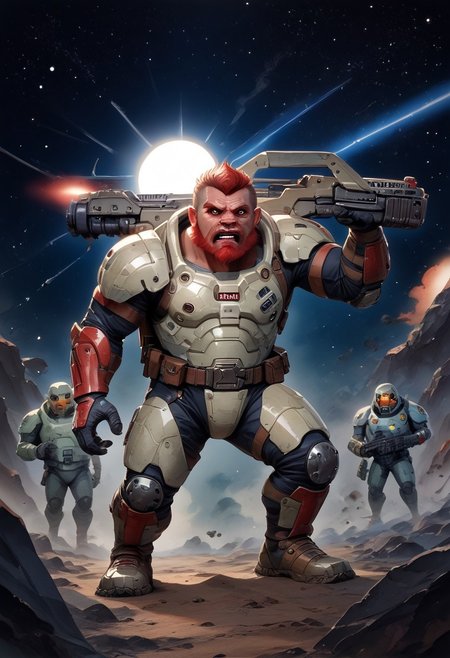Score_9_up,Score_8_up,Score_7_up, masterpiece, best quality,
Hearthkyn_Warriors, flying debris, dust effect. Crouching. Aiming rifle with both hands, Firing Rifle. Aiming at viewer. Facing viewer. Shooting at Viewer. dwarf, armor ,backpack, metallic gray armor, black clothe, 1boy, long braided beard, science fiction, Scifi armor. nebula skyline background, stocky, red beard. Cybernetic eye. In battle. Weathered armor. Yelling. Angry Expression. crewcut hairstyle. watercolor \(medium\), traditional media,, One weapon. Background Dwarf Hearthkyn_Warriors. m41apls .