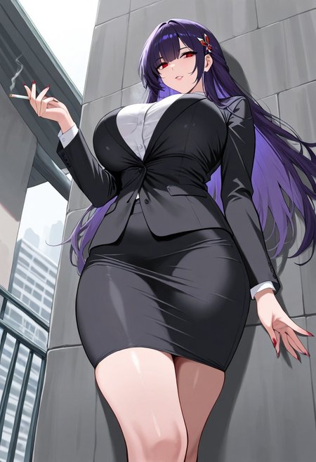 masterpiece,best quality,amazing quality,tall girl, 1girl, solo, purple hair, red eyes, hair accessories, bussiness woman, black suit, white shirt, large breast, pencil skirt, crossing hand, hand holding Cigarette, taller woman, in rooftop building, from below,