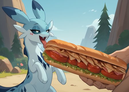 score_9, score_8_up, score_7_up, score_6_up, score_5_up, score_4_up, feral chillet licking a sandwich, tongue, freshcock, eatfresh, behaving like a cat, blue body, full body, show accurate, cute, dark blue diamond chest markings, resonant, bedroom eyes, blurry background, engrossing<lora:chillet-v3e10:1>,<lora:EatfreshPDXL:1>